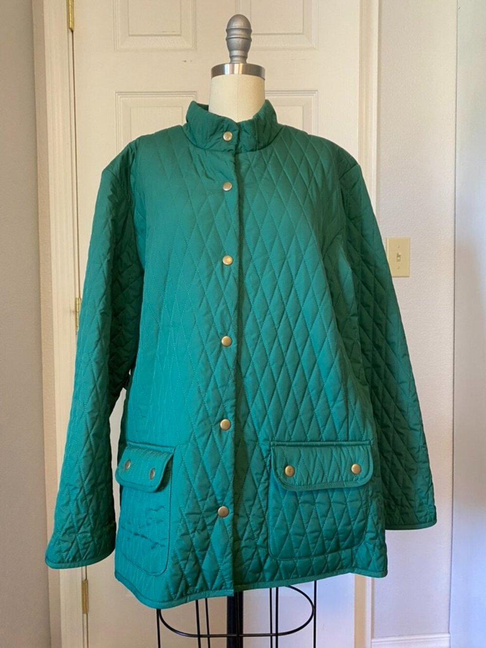 Van Heusen Emerald Green Diamond Quilted Barn Jacket Coat With Gold Snaps